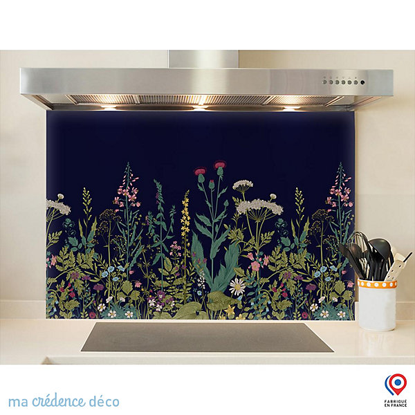 Crédence cuisine fond de hotte fleurs sauvages et colorées noir - Verre trempé - L 90 cm x H 60 cm - MaCrédenceDéco