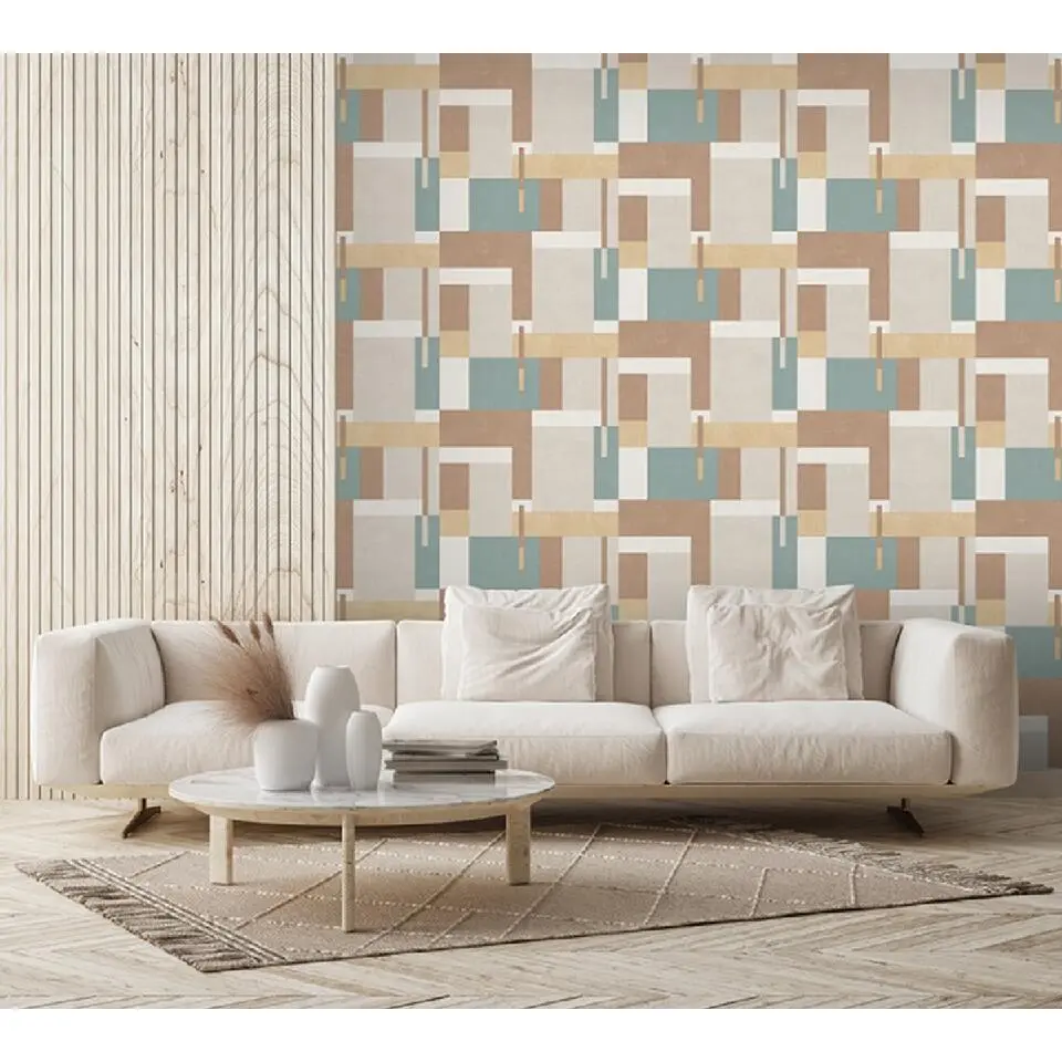Dutch Wallcoverings - Arty Blocks grijs/beige/blauwgroen -0,53x10,05m