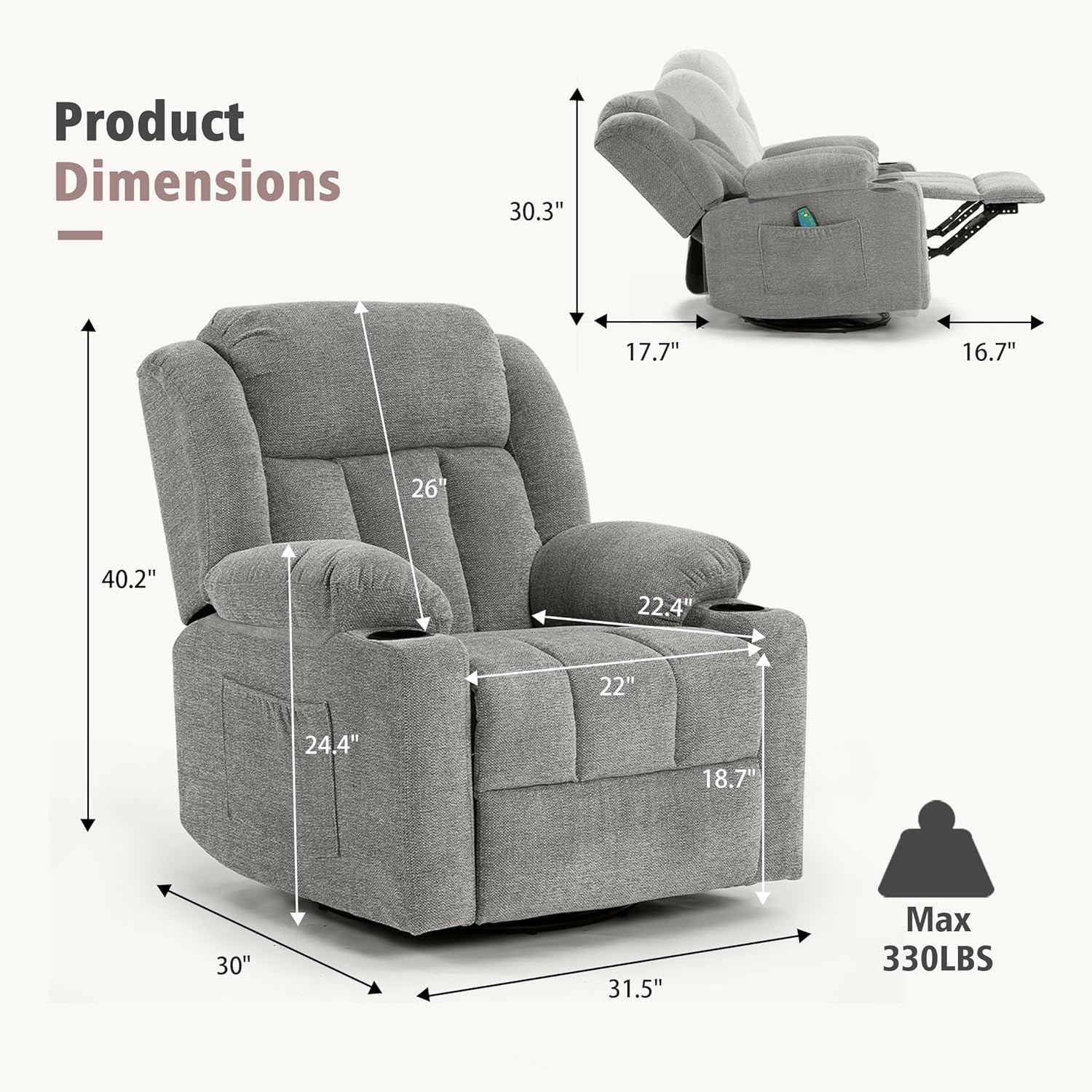Rocker Swivel Recliner Chair for Adults, Overstuffed Large Manual Recliner Glider with Massage and Heat, Comfy Soft Fabric Living Room Reclining Sofa Chair (Lime Gray)