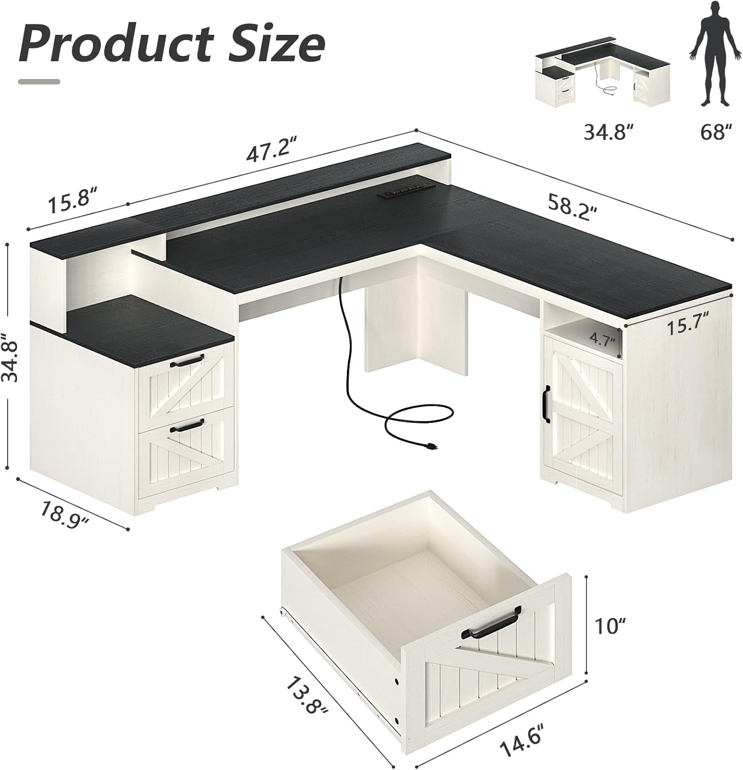 63 Farmhouse L Shaped Executive Desk with Drawers & Storage Shelf, Corner Computer Desk with Power Outlets, L Shaped Office Desk with Monitor Stand, Printer Shelf, Black and White