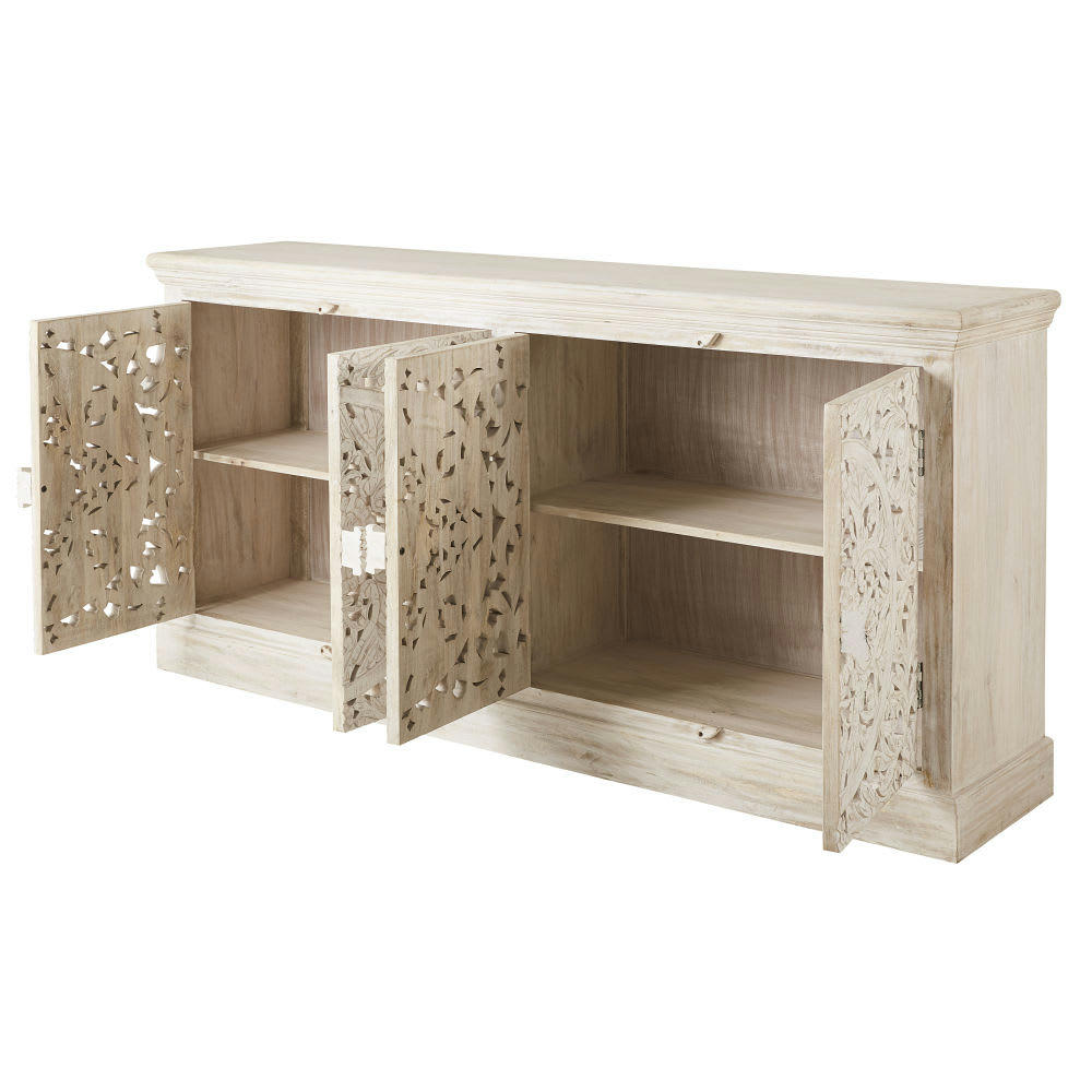 Kerala - Buffet enfilade 4 portes en manguier massif sculpté blanc