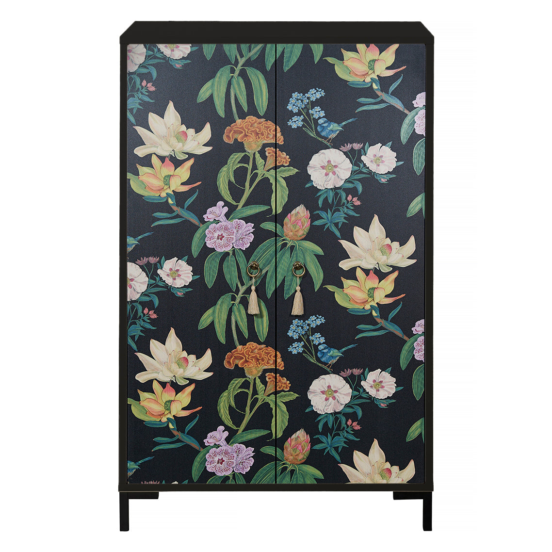 Dressoir van MDF met 2 decoratieve deuren, zwart bloemenmotief