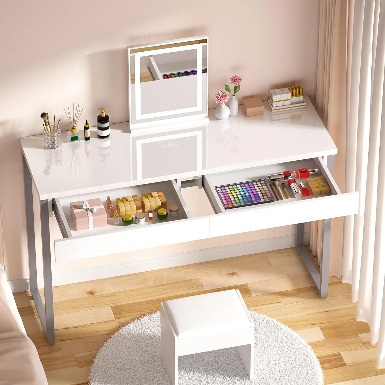 White Glossy Vanity Desk with 2 Drawers 39 Inch Makeup Table Storage Space Small Desk for Bedroom Home Office
