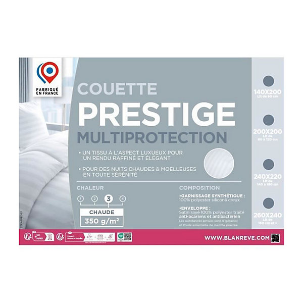Couette 220x240 cm BLANREVE PRESTIGE Multiprotection - 100% Polyester - 2 Personnes - Satin rayé