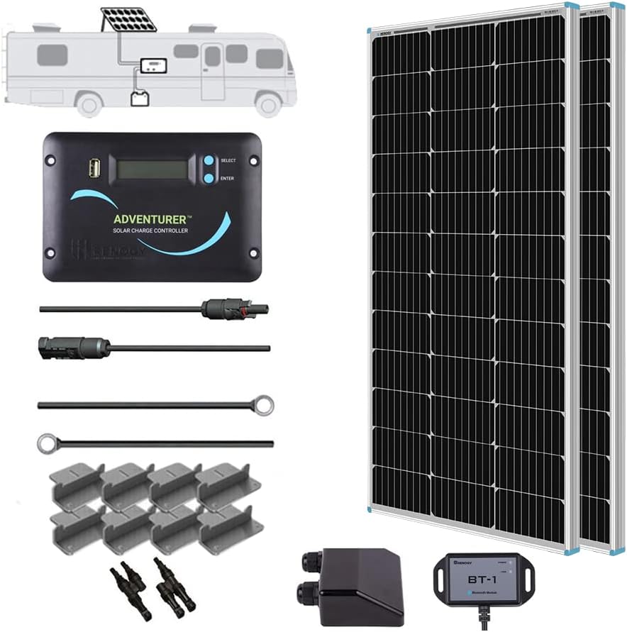 Renogy 200 Watts 12 Volts Monocrystalline RV Solar Panel Kit with Adventurer 30A LCD PWM Charge Controller and Mounting Brackets for RV  Boats  Trailer  Camper  Marine  Off-Grid Solar Power System