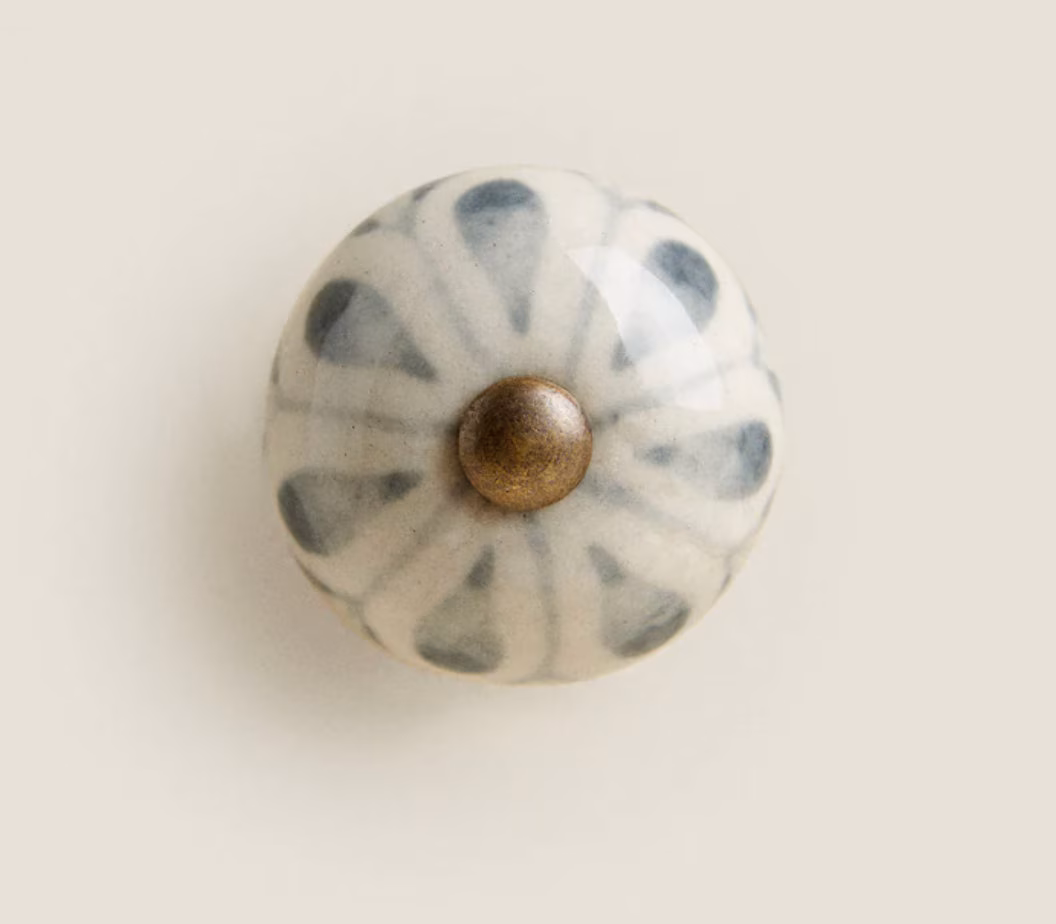 Dusty Blue Flower Ceramic Drawer Knob -Antique Brass Accent