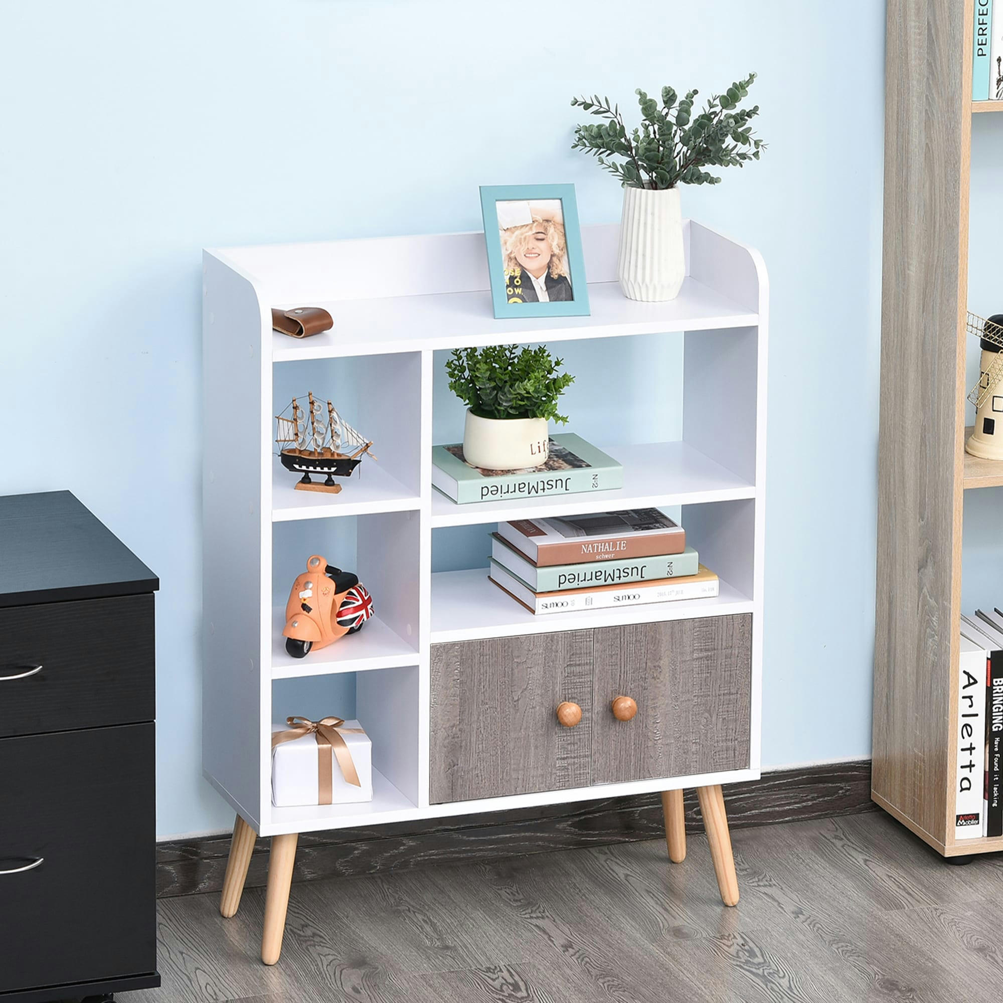 - Bibliothèque scandinave multi-rangements blanc gris