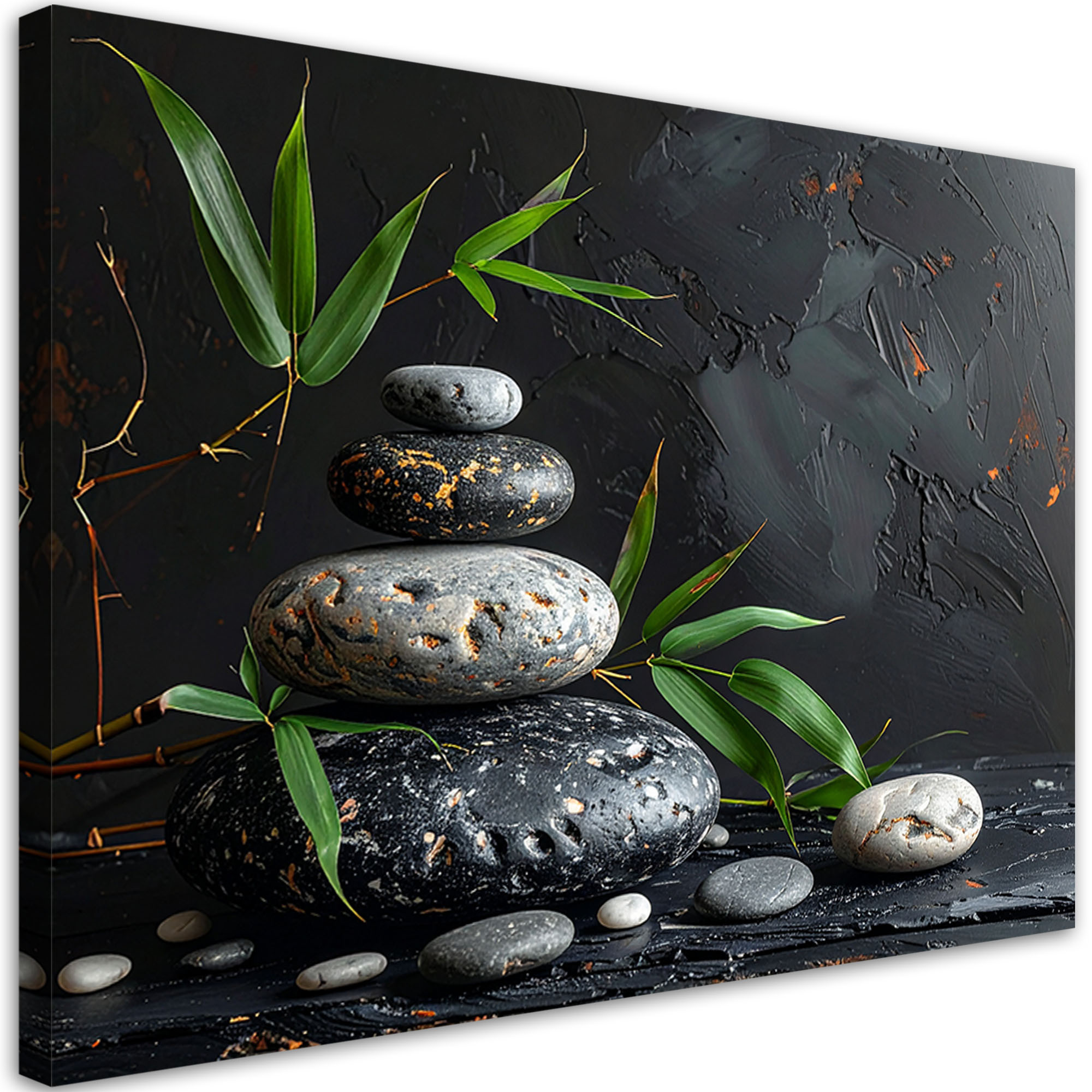 Obraz do salonu sypialni, Kamienie zen spa liście bambusa czarny 30x20