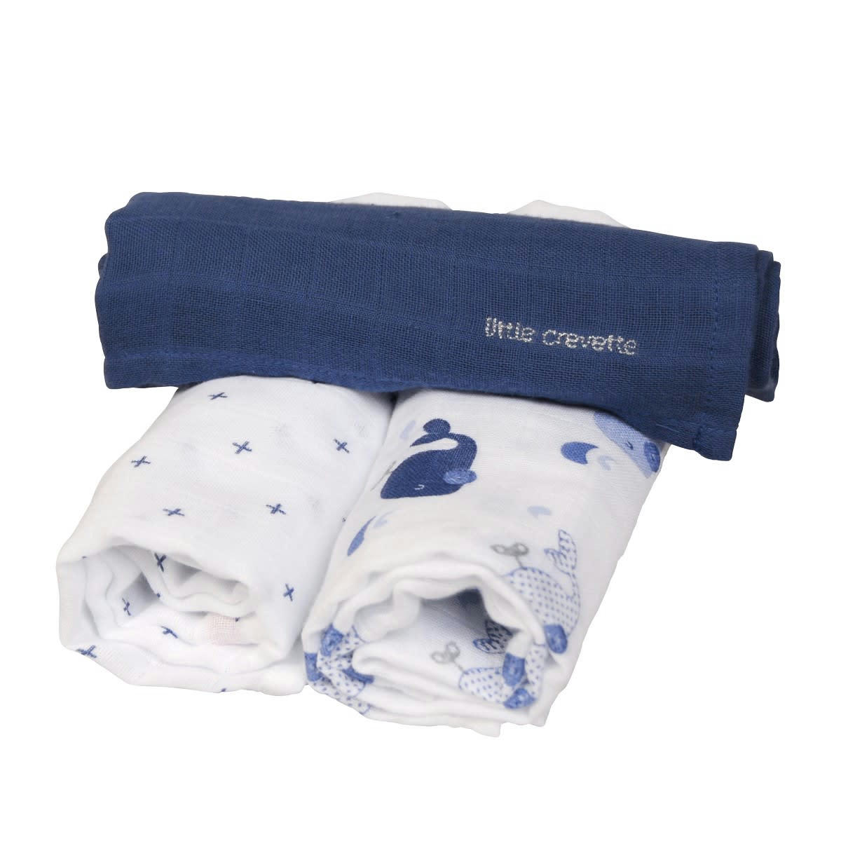 BALEINE - Lot de 3 langes coton bio bleus 60x60 cm