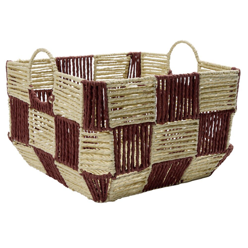 Panière de rangement carrée damier papier beige et rouge 34x34xH24cm