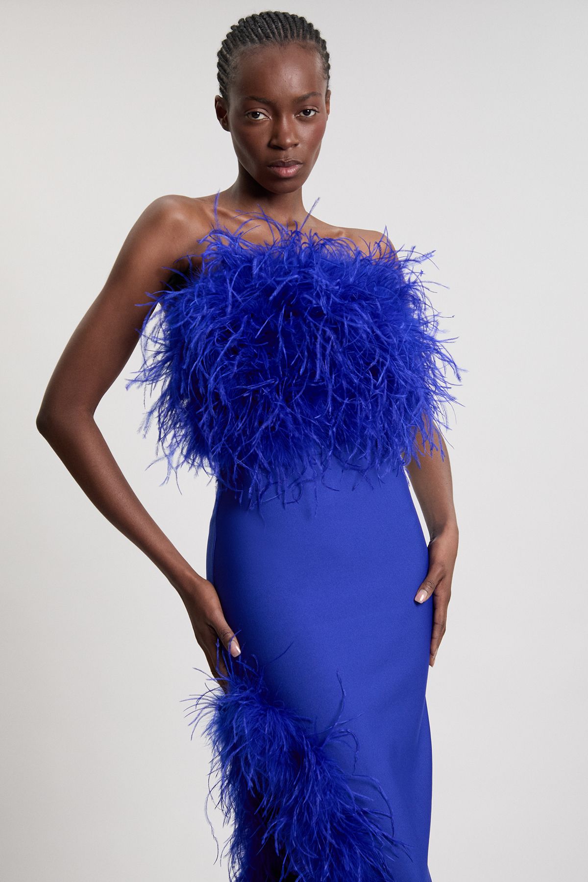 KarenMillen Figure Form Bandage Feather Detail Bandeau Knit Midi Dress
