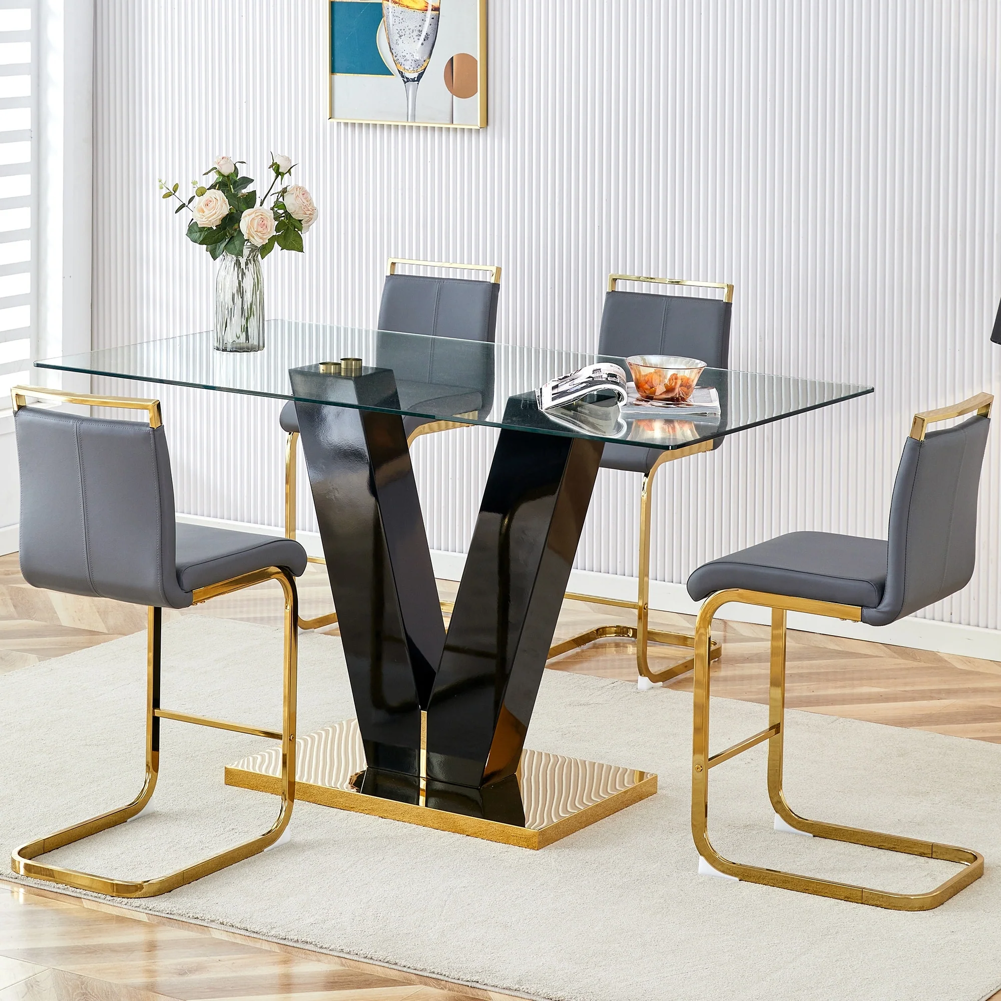Modern Tempered Glass Dining Table Set with V-shaped Base and PU Upholstered Dining Chairs