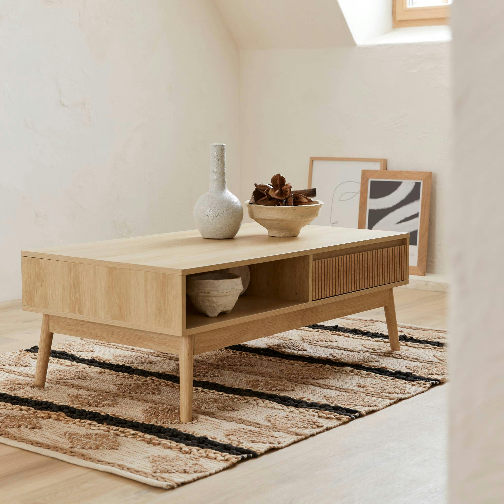 LINEAR - Table basse scandinave, 2 niches, 1 tiroir