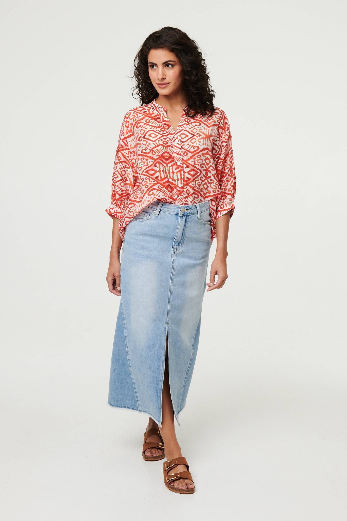 Izabel London Aztec Print 3/4 Sleeve Relaxed Blouse
