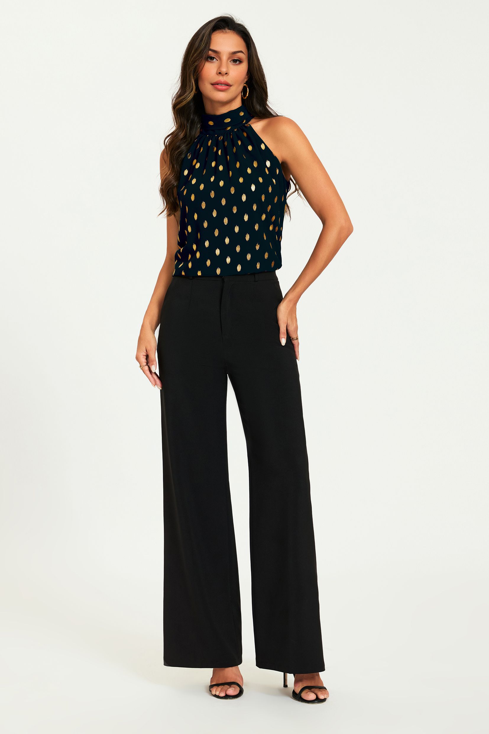 FS Collection Gold Foil Halter Neck Tie Back Top In Black