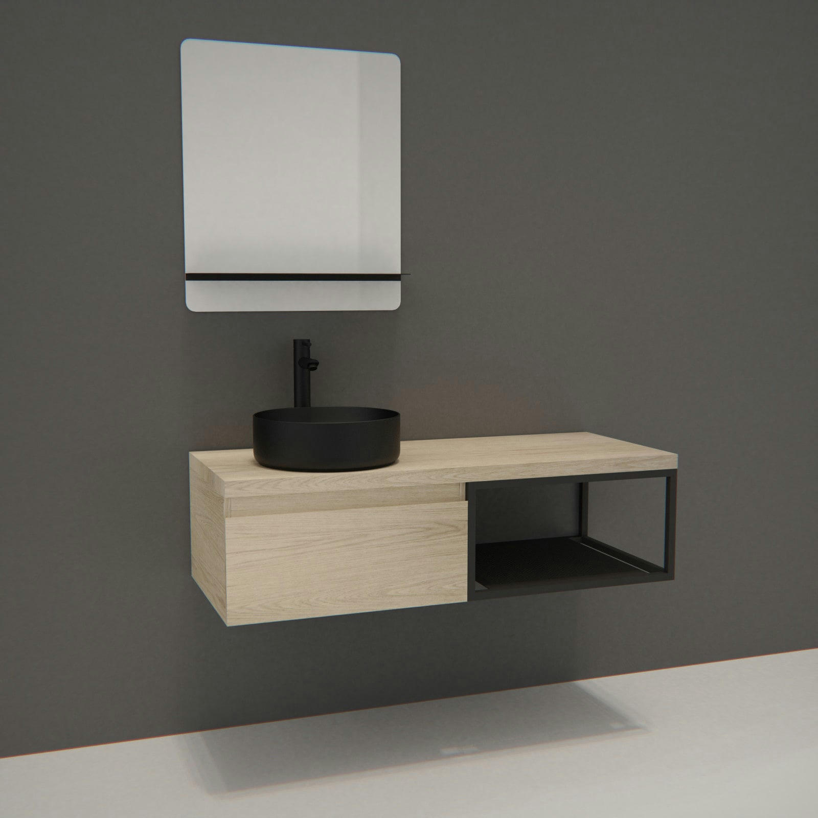 WILL - Meuble de salle de bain bois et métal avec vasque noire et miroir WILL