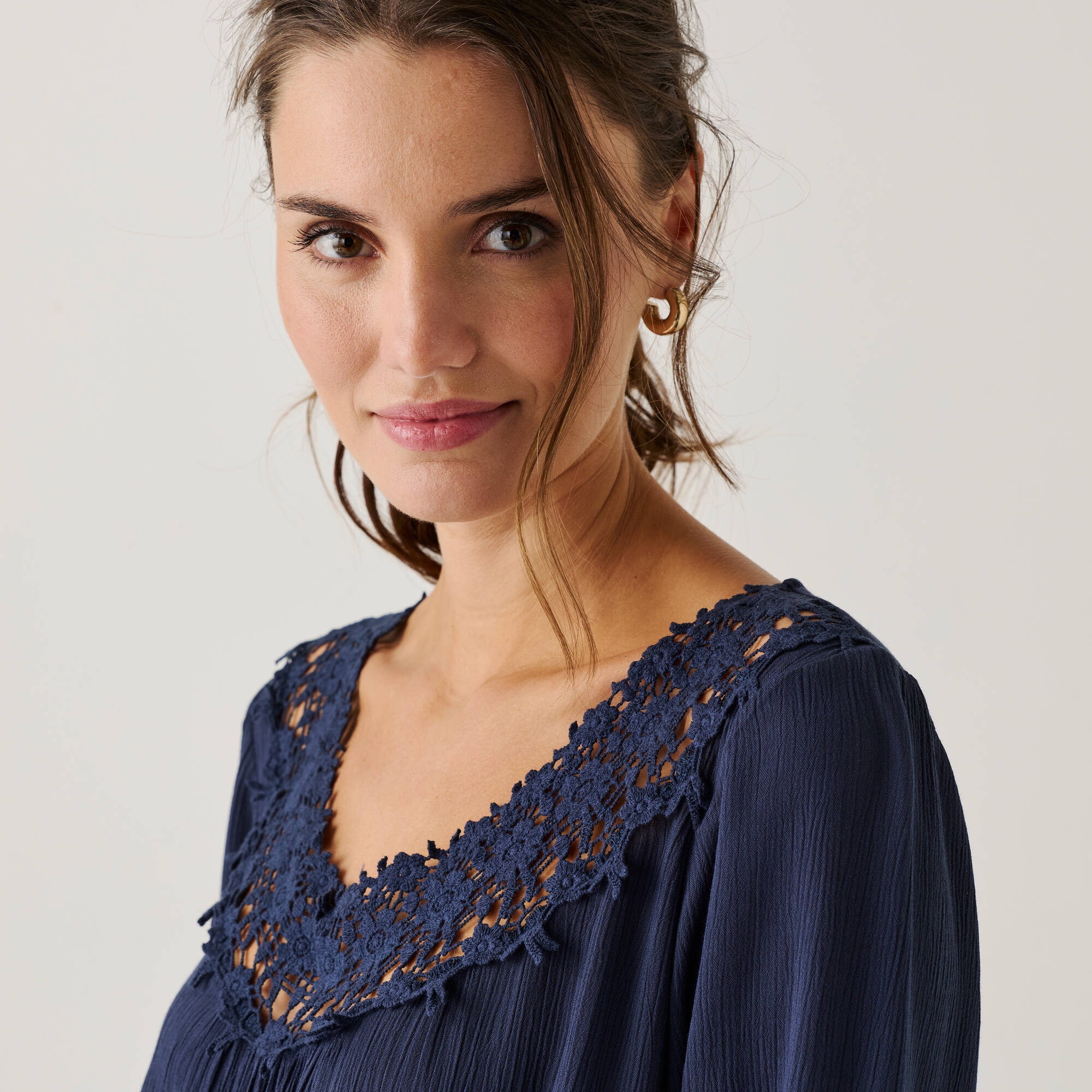 Tunique macramé manches 3/4, crépon