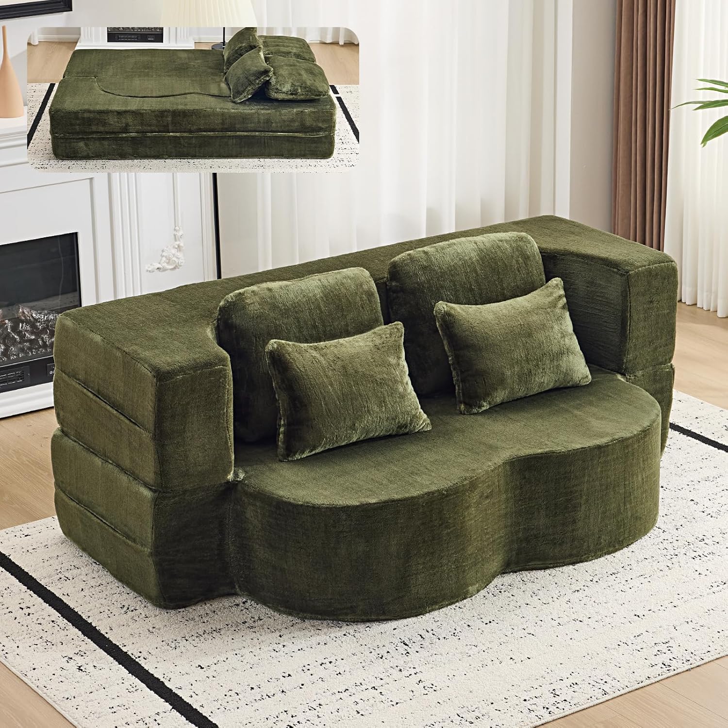 Convertible Folding Sofa Bed, 78” Full Size Loveseat Sleeper Sofa, Chenille Foldable Boneless Floor Couch with 4 Pillows for Guest Living Room Bedroom, No Assembly Required (Green)
