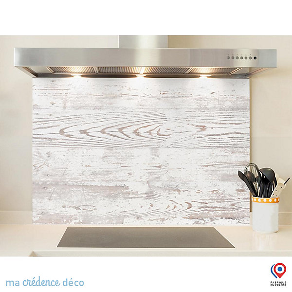 Crédence cuisine fond de hotte Bois brut blanc - Alu composite - L 60 cm x H 45 cm - MaCrédenceDéco