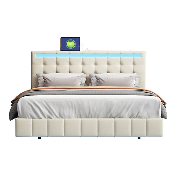 Lit Double Capitonné 140 X 200 Cm, Cadre De Lit Flottant, Rembourré, Avec LED, Lin, Beige