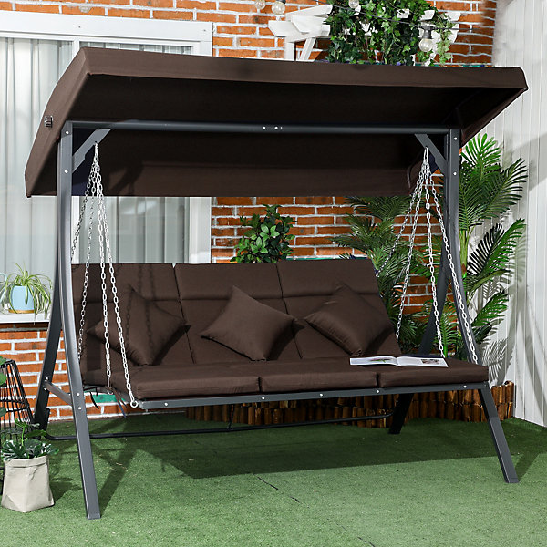 Balancelle de jardin 3 places avec coussins et toit pare-soleil réglable, structure en métal et textilène, charge 270 kg, marron