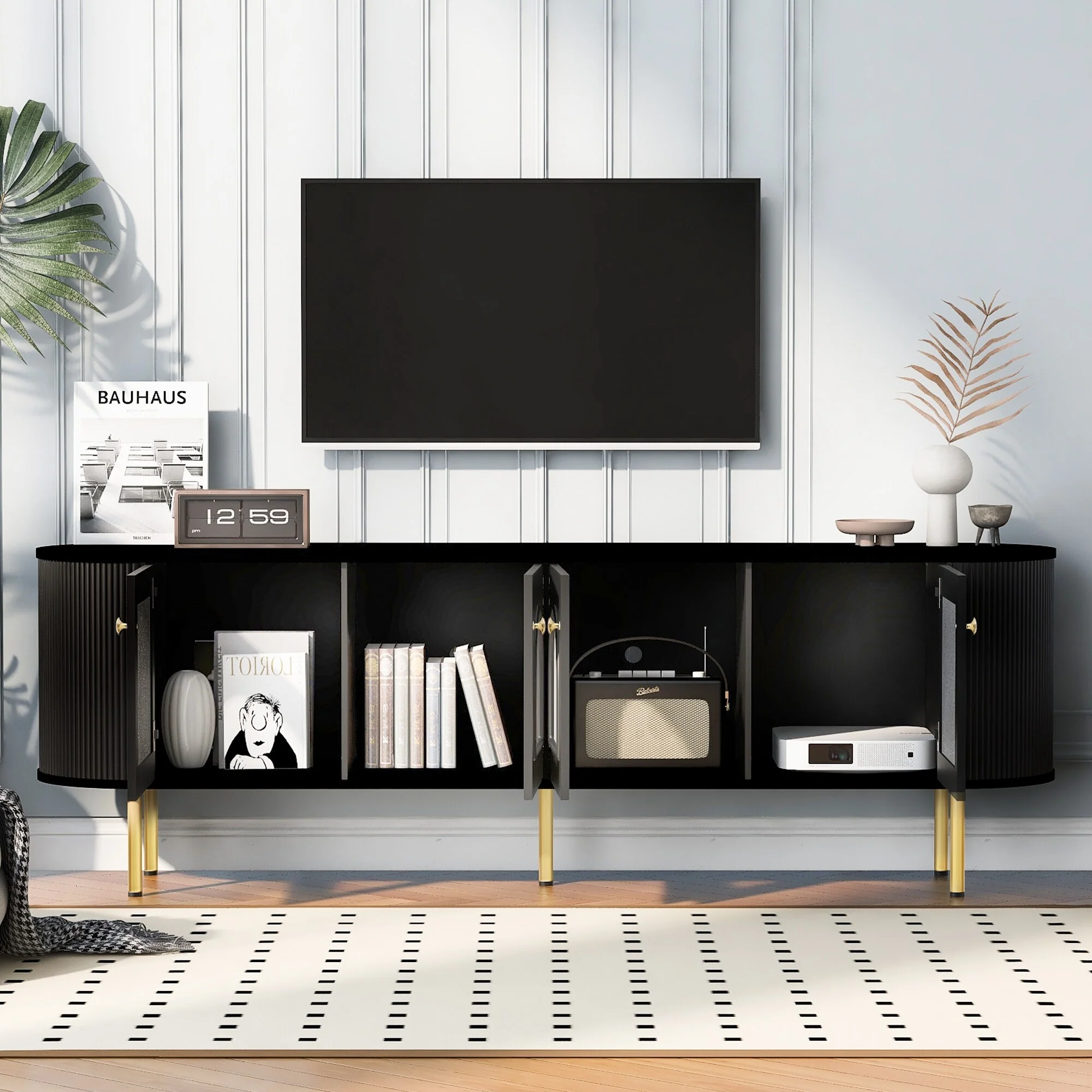 Black 71 TV Stand with Cabinets, Metal Legs & Handles for TVs Up to 80