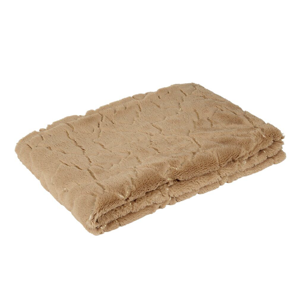 Plaid sherpa fil doré cousu L160X130 cm polyester (2 modèles marron ou blanc)
