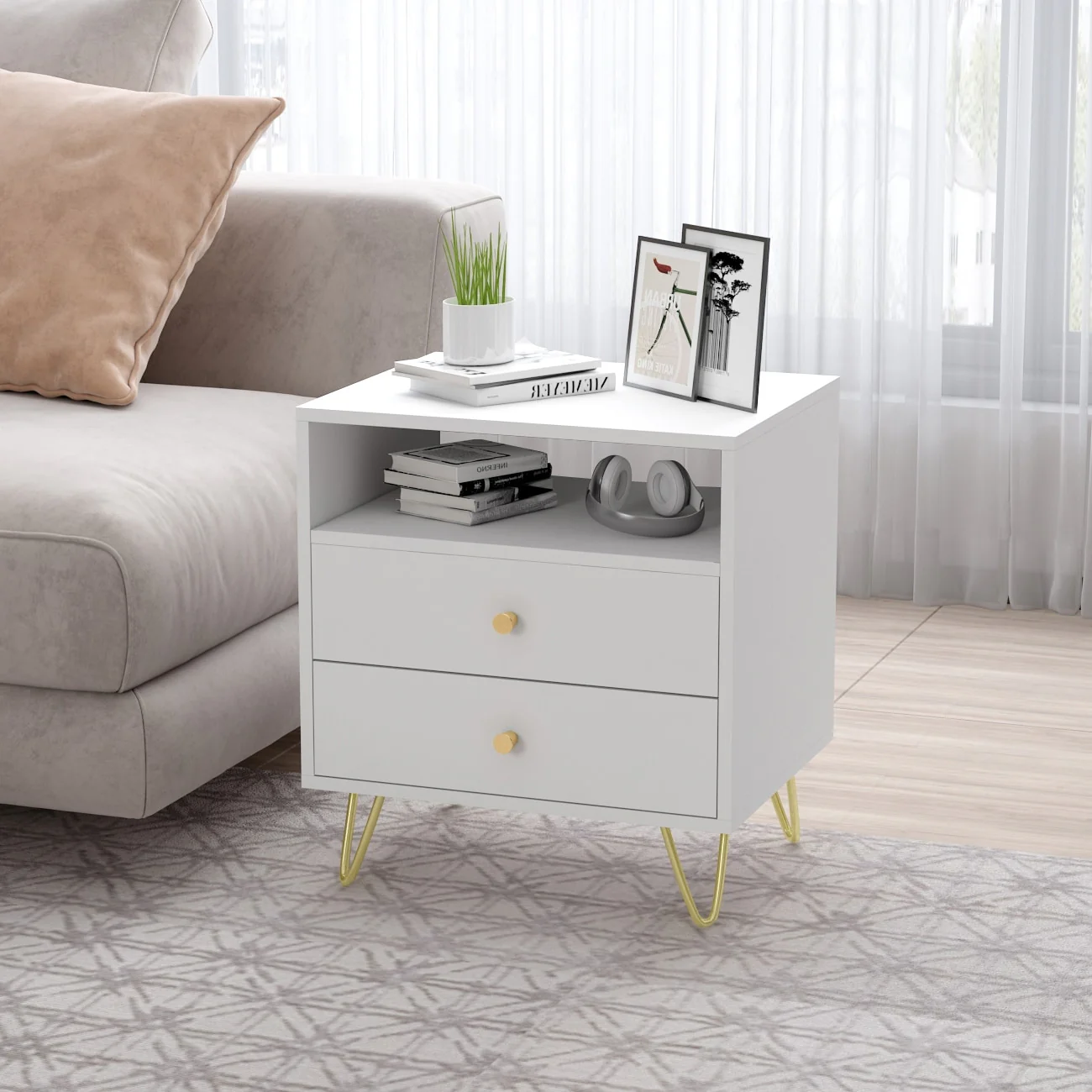 Modern White 2-drawer Nightstand with Hairpin Legs