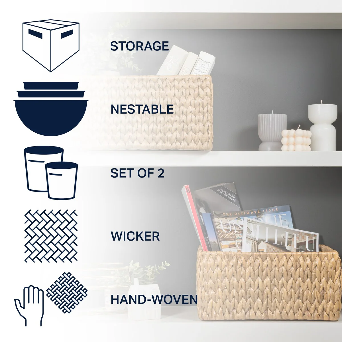 happimess Leif Rustic Minimalist Hand-Woven Hyacinth Nesting Baskets with Handles, Natural (Set of 2)