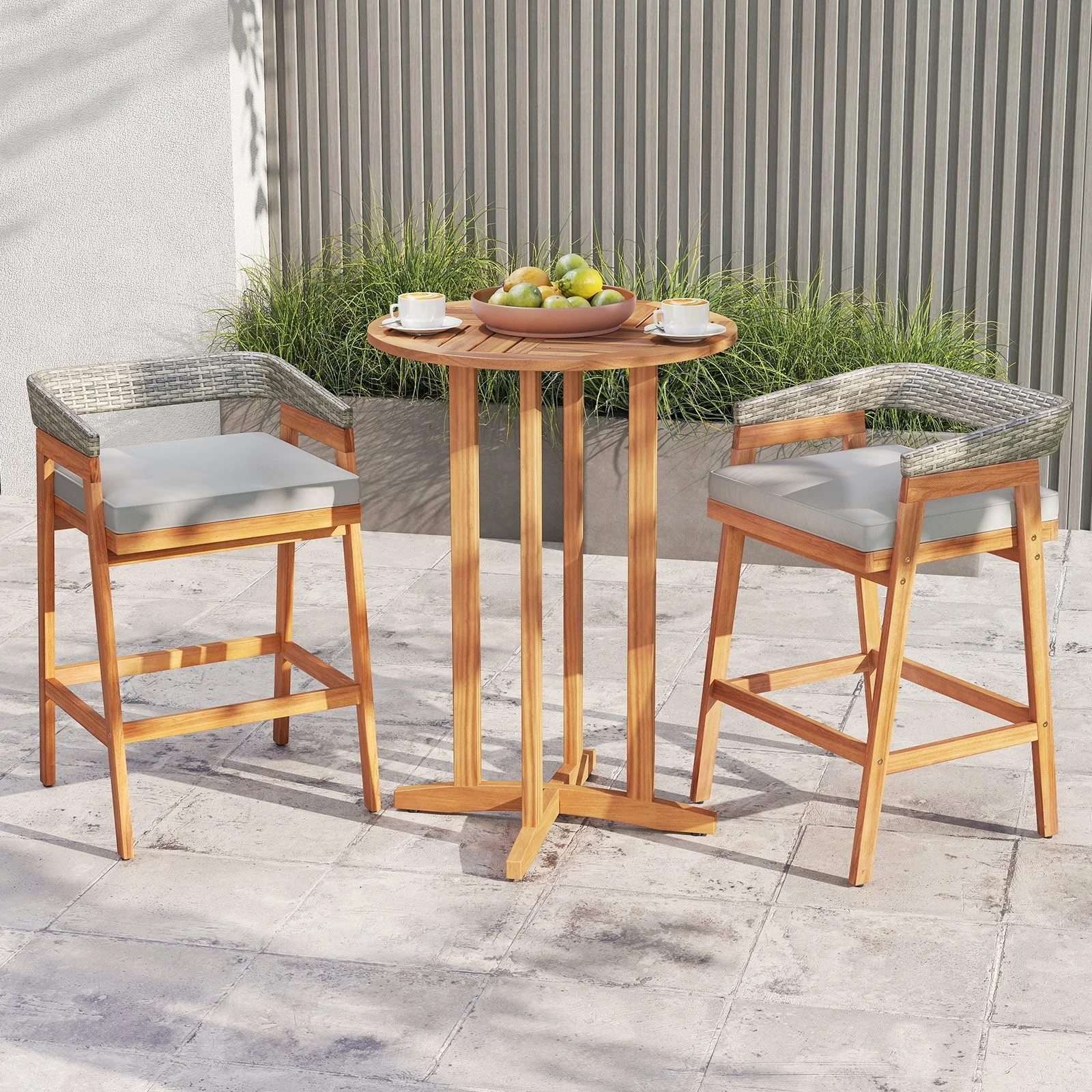 Set of 2 Acacia Wood Outdoor Bar Stools with Cushions and Wicker Back - 22 x 21 x 35