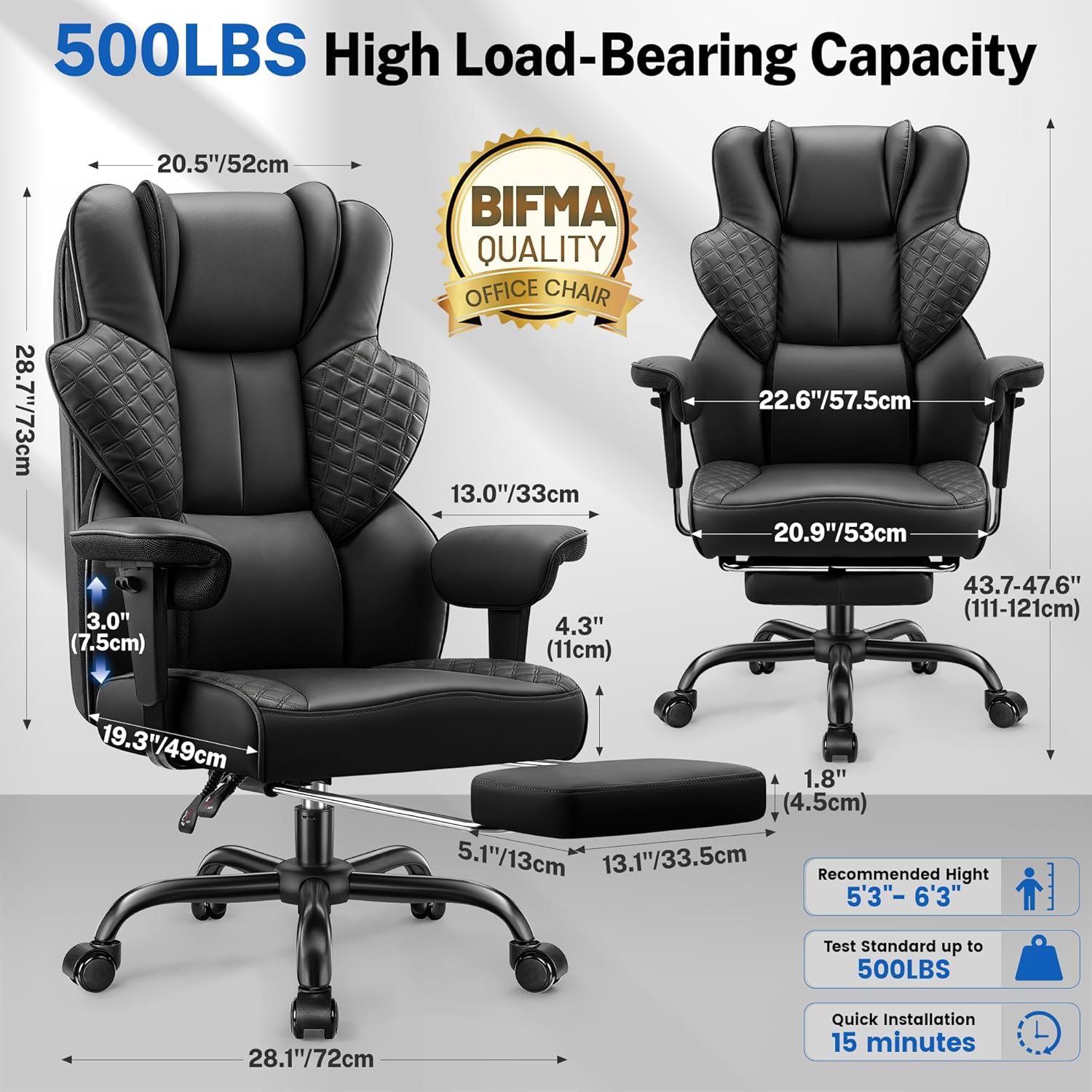 FelixKing Big and Tall Office Chair 500lbs - Ergonomic Desk Chair with Footrest, Scratch-Resistant PU Leather Computer Chair, 4D Lumbar Support Gaming Chair, Comfy Reclining Swivel Work Chair, Black