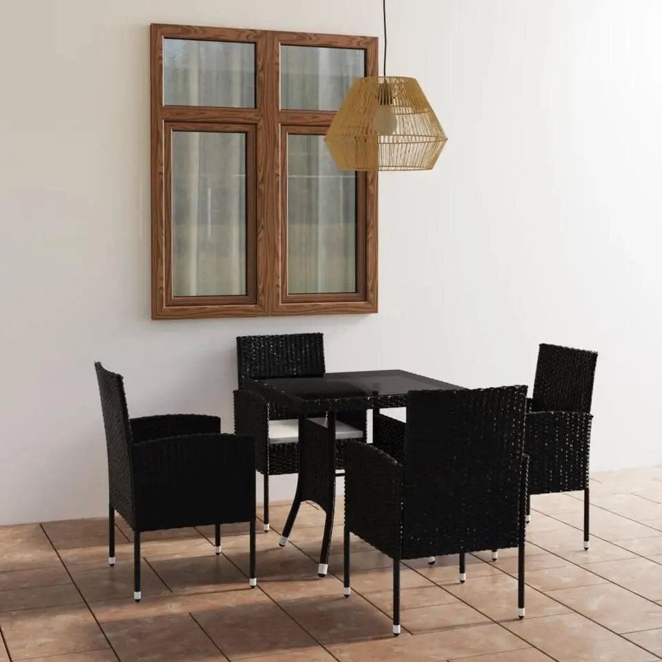 vidaXL - 5-delige Tuinset met wit kussens - Zwart poly rattan - 80x80 cm