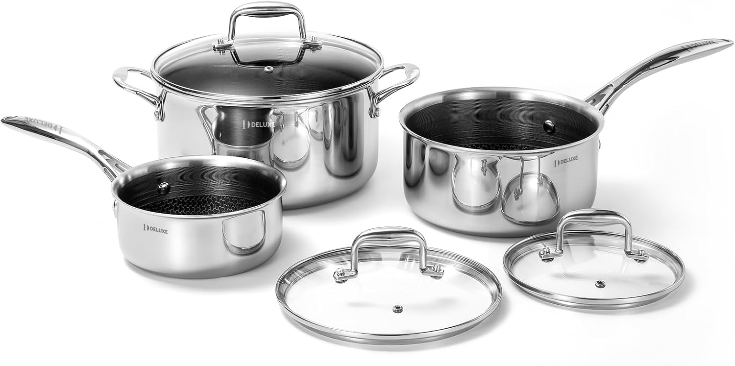 DELUXE Hybrid Ceramic Nonstick 6 PCS Pot Set, 1.3, 3&5.4-Quart Pot with Tempered Glass Lid, Stainless Steel Cookware Pots with Stay-Cool Handle, Dishwasher Safe, Compatible with All Cooktops