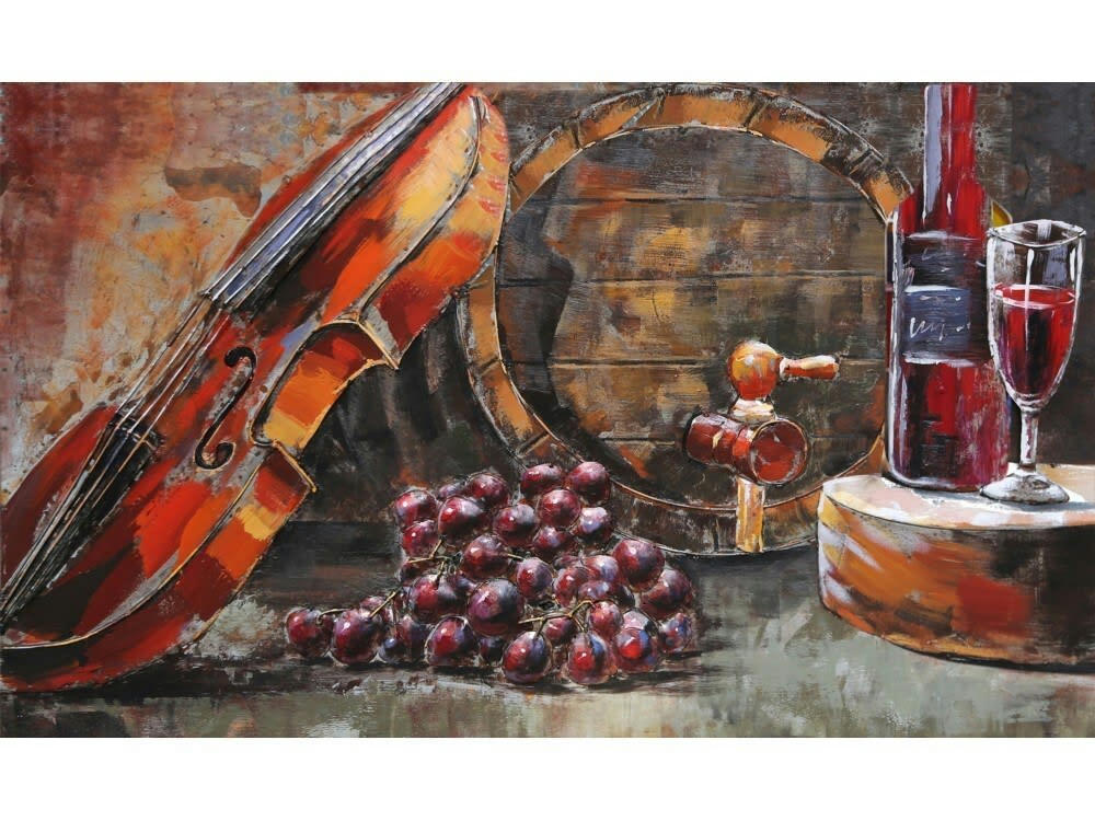 MÉTAL BRASS - Tableau relief en métal vin et violon 100x60