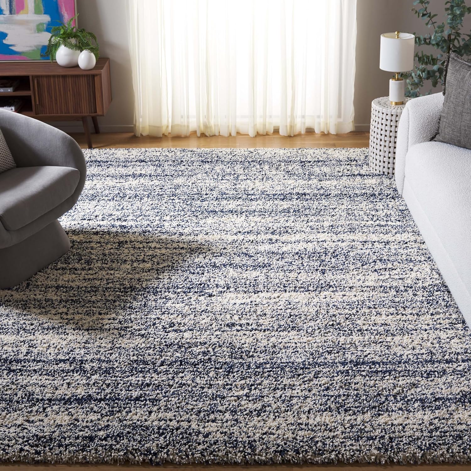 SAFAVIEH Hudson Shag Collection Area Rug - 9' x 12', Ivory & Navy, Modern Abstract Design, Non-Shedding & Easy Care, 2-inch Thick Ideal for High Traffic Areas in Living Room, Bedroom (SGH295A)