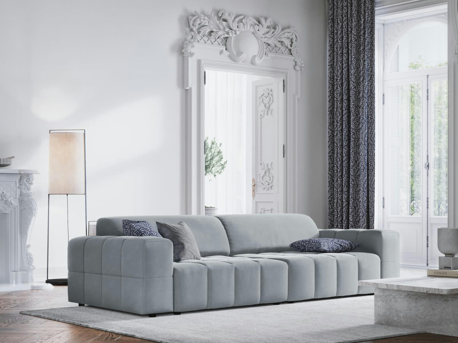 LUC - Canapé 4 places en tissu velours bleu clair