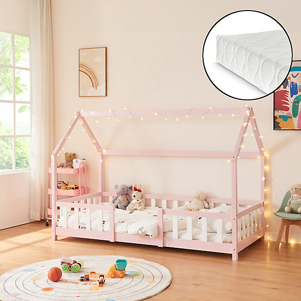 Lit cabane Sisimiut avec matelas 90 x 200 cm rose / blanc en.casa