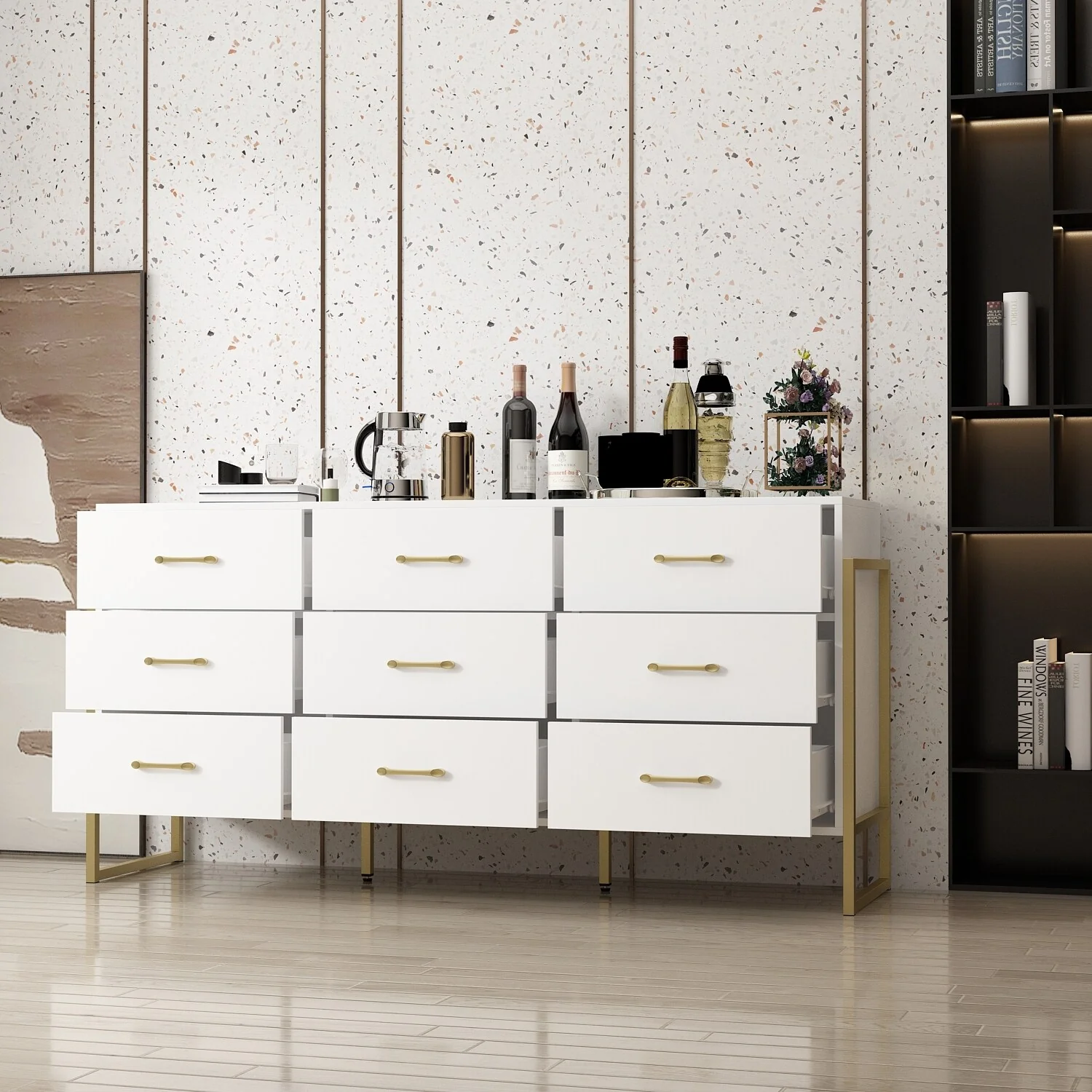 Elegant 9-Drawer Dresser with Gold Accents - Black Stripe Finish Chest