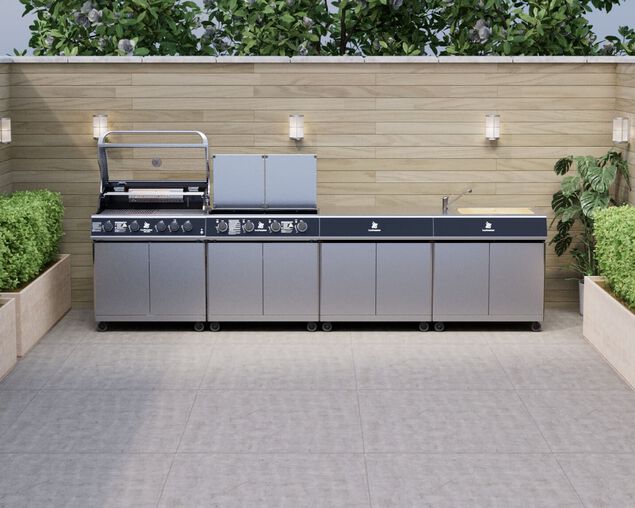 Beefmaster Deluxe 4 Burner Outdoor Kitchen with Range, Sink & Bench on Deluxe Carts