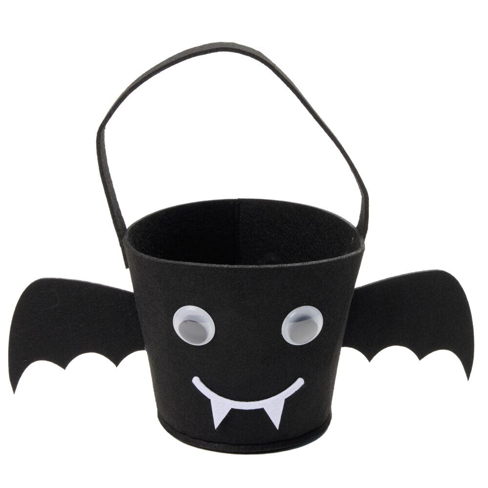 Seau à bonbons Halloween chauve-souris avec yeux mobiles feutrine noir 16x14xH13 cm