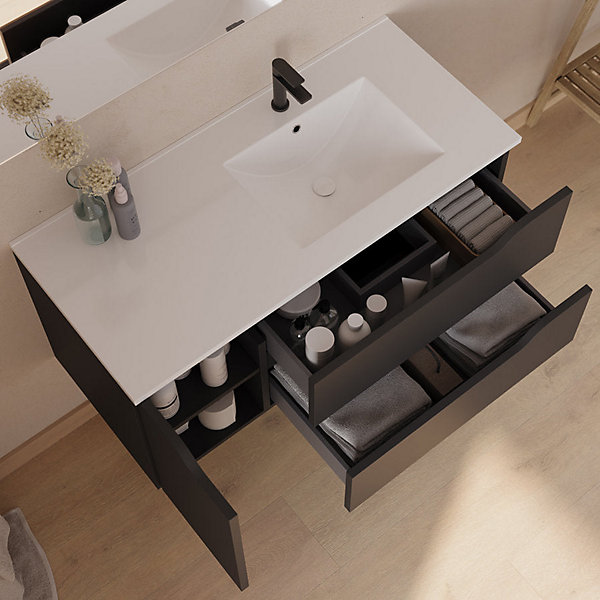 Meuble sous vasque seul, 2 tiroirs et 1 porte, 100cm, vasque déportée droite - noir - ZARZA