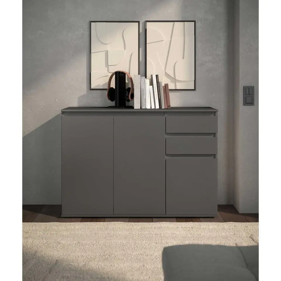 Dressoir Brest - 119x35x84cm - 3 deuren; 2 lades - antraciet