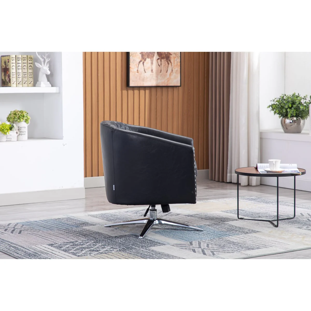 Polyester Swivel Barrel Chair with Nailheads and Metal Base