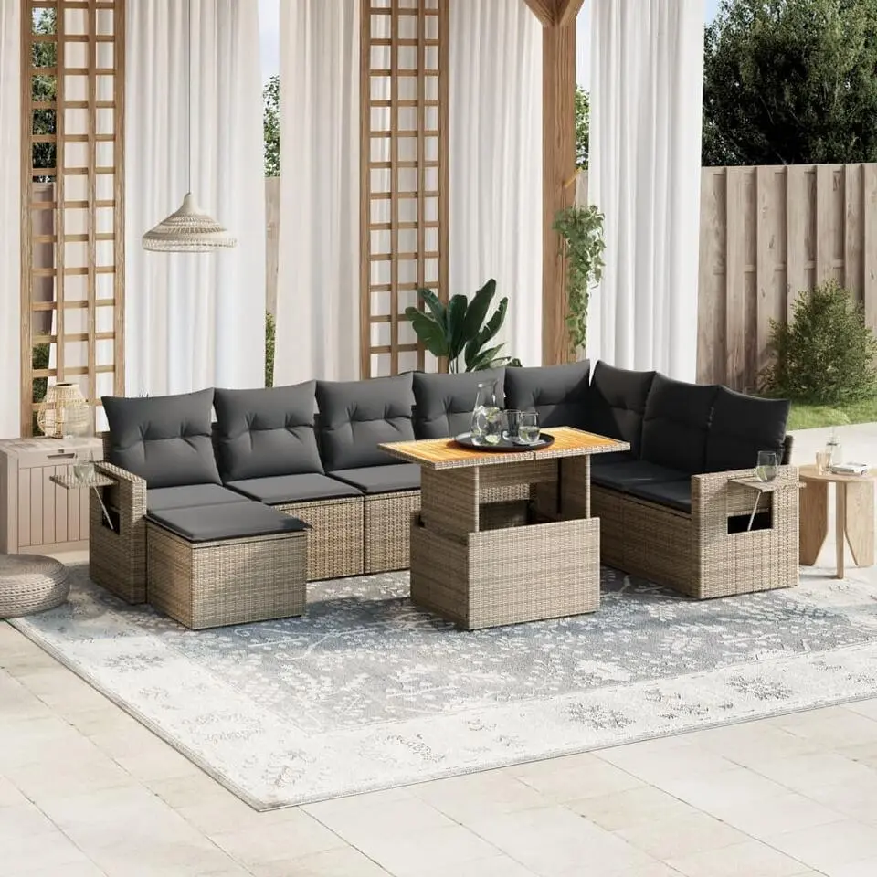 vidaXL - Loungeset - Grijs - Poly rattan - 9 stuks - Met kussens