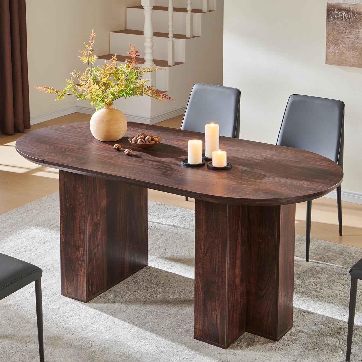 OKD 63 Inch Modern Wood Oval Dining Table for 4-6, Dining Room Table with Stable T-Shaped Base & Metal Frame & Thick Tabletop, Sturdy Kitchen Table for Dinner Room, Kitchen, Gathering, Dark Walnut