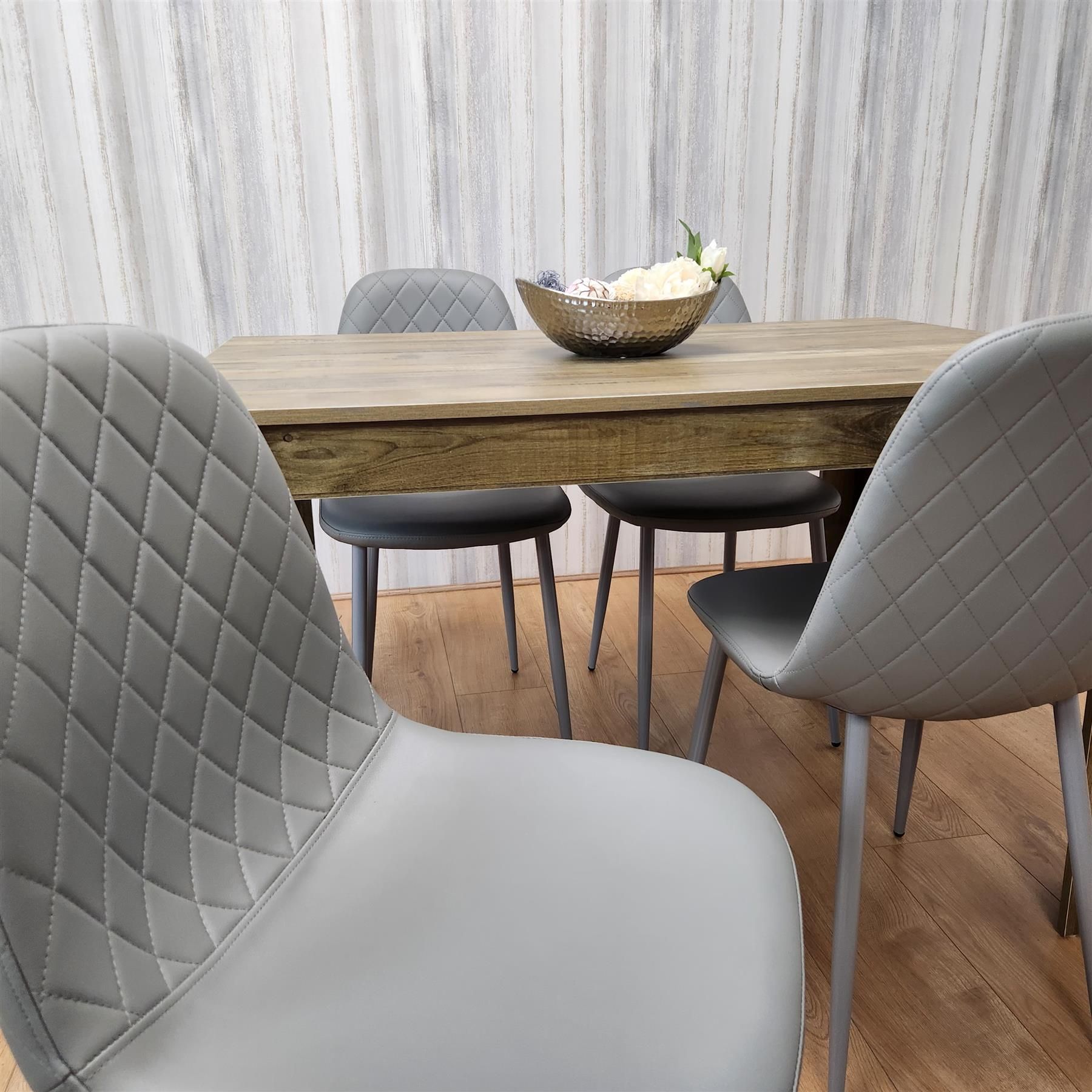 KOSY KOALA Rustic Effect Wood Dining Table Set with 4 Grey Gem Pattern Chairs  Dining Room Furniture