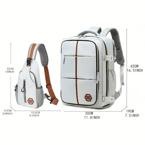 NNETM Travel Backpack with Airline-Approved Laptop Compartment and Shoes Compartment - Silver Gray and Chest Bag