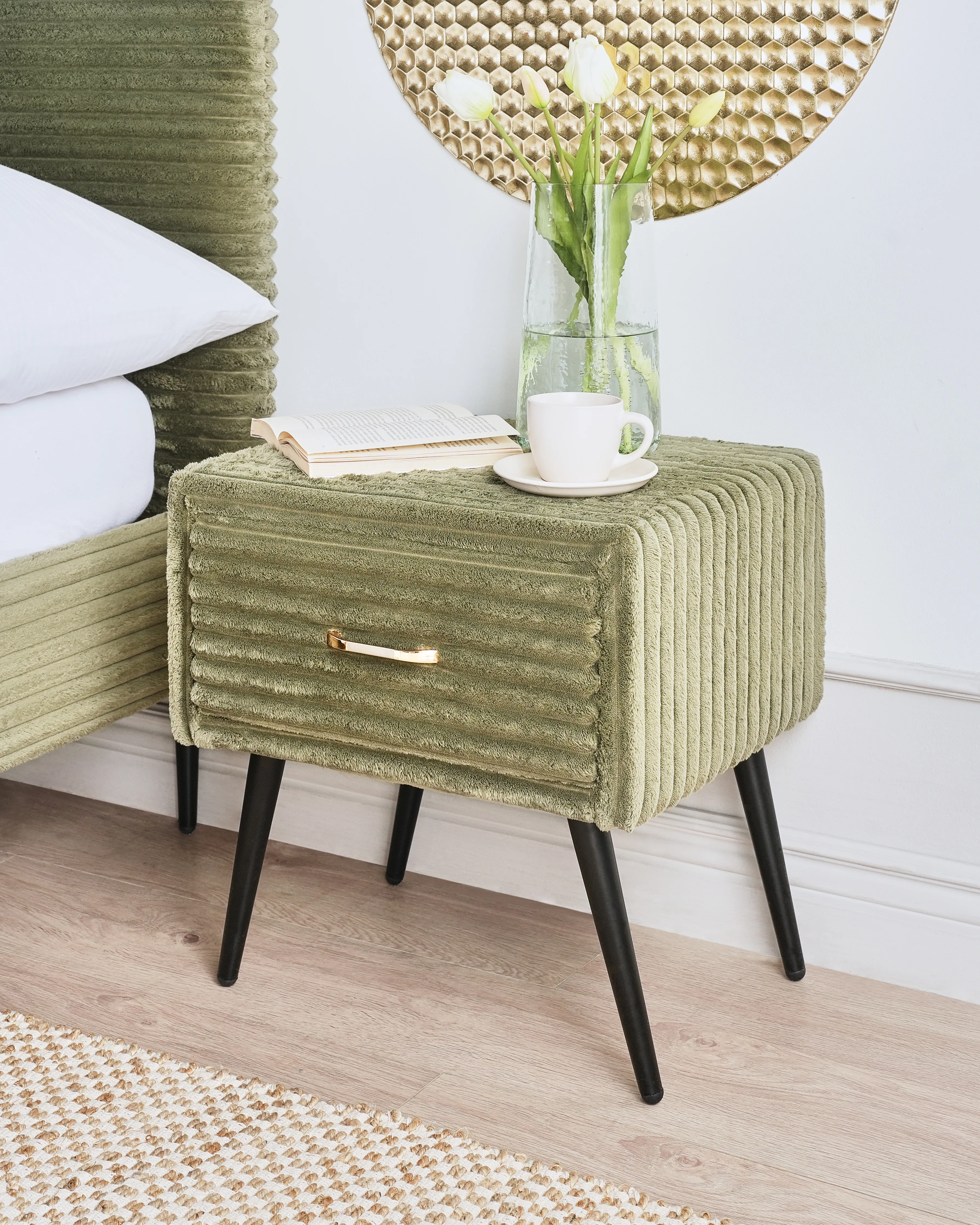 1 Drawer Bedside Table FLAYAT Corduroy Green