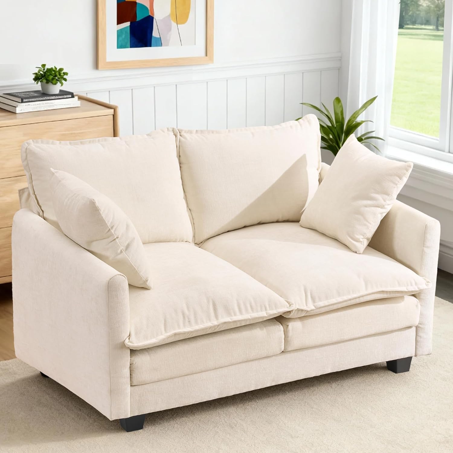 Loveseat Sofa Cloud Sofa Couch 50'', Modern Loveseats 2 Seat Couch 27 Deep Seat with 2 Pillows for Small Spaces Apartment Studio Office Bedroom Living Room 8834-BEIGE-1