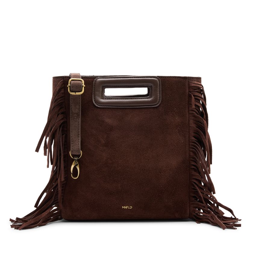 Manfield Donkerbruine suède handtas met franjes